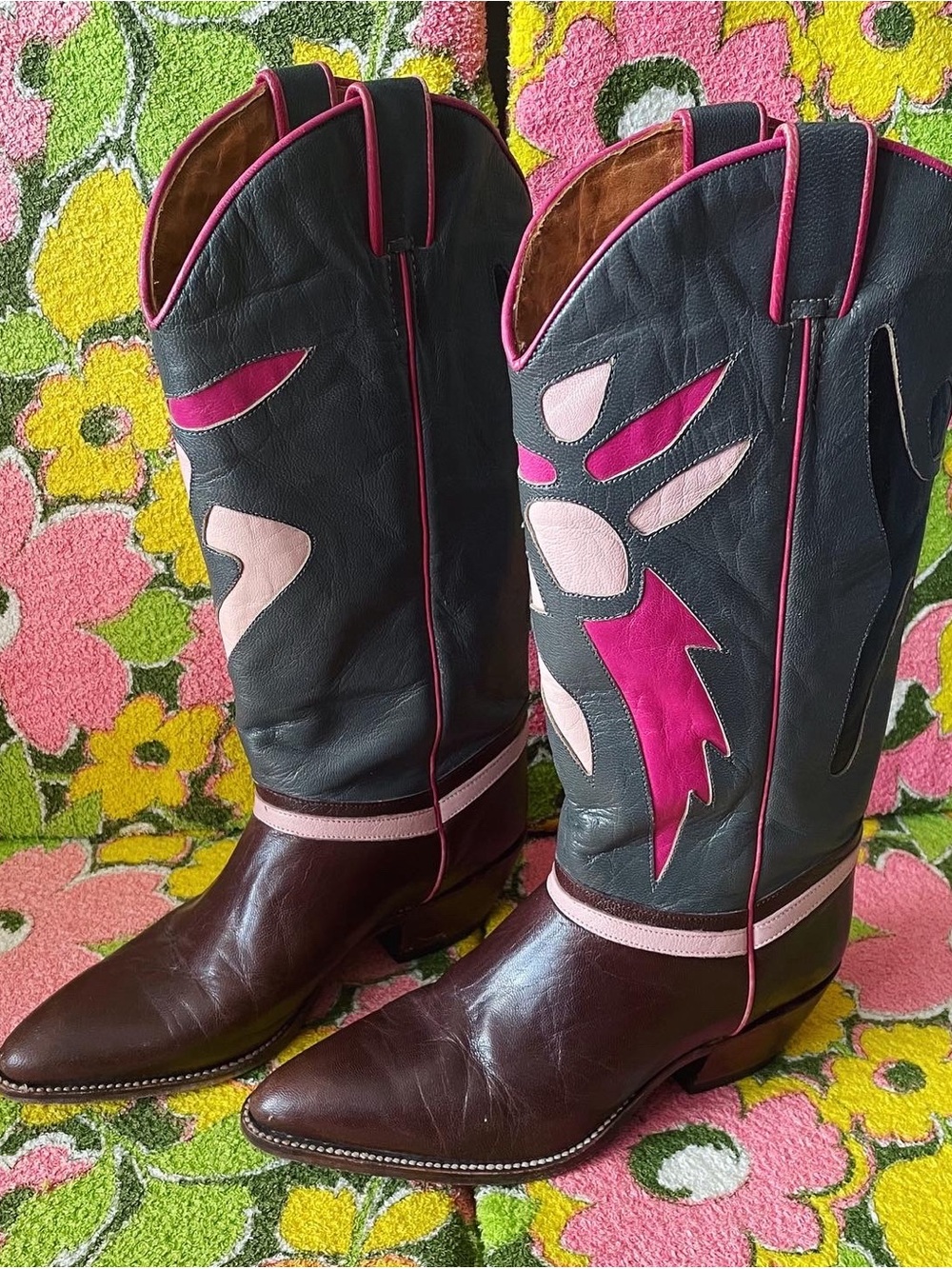 80s Vintage Cutwork Cowboy Boots: Beverly Feldman x Tony Mora, Size 7 7.5 Pink